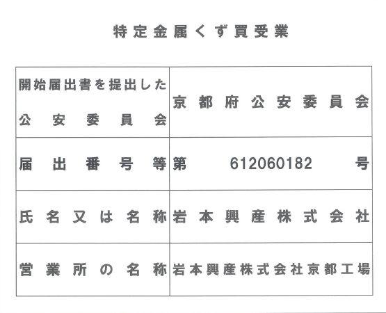 京都工場 特定金属くず買受業届出